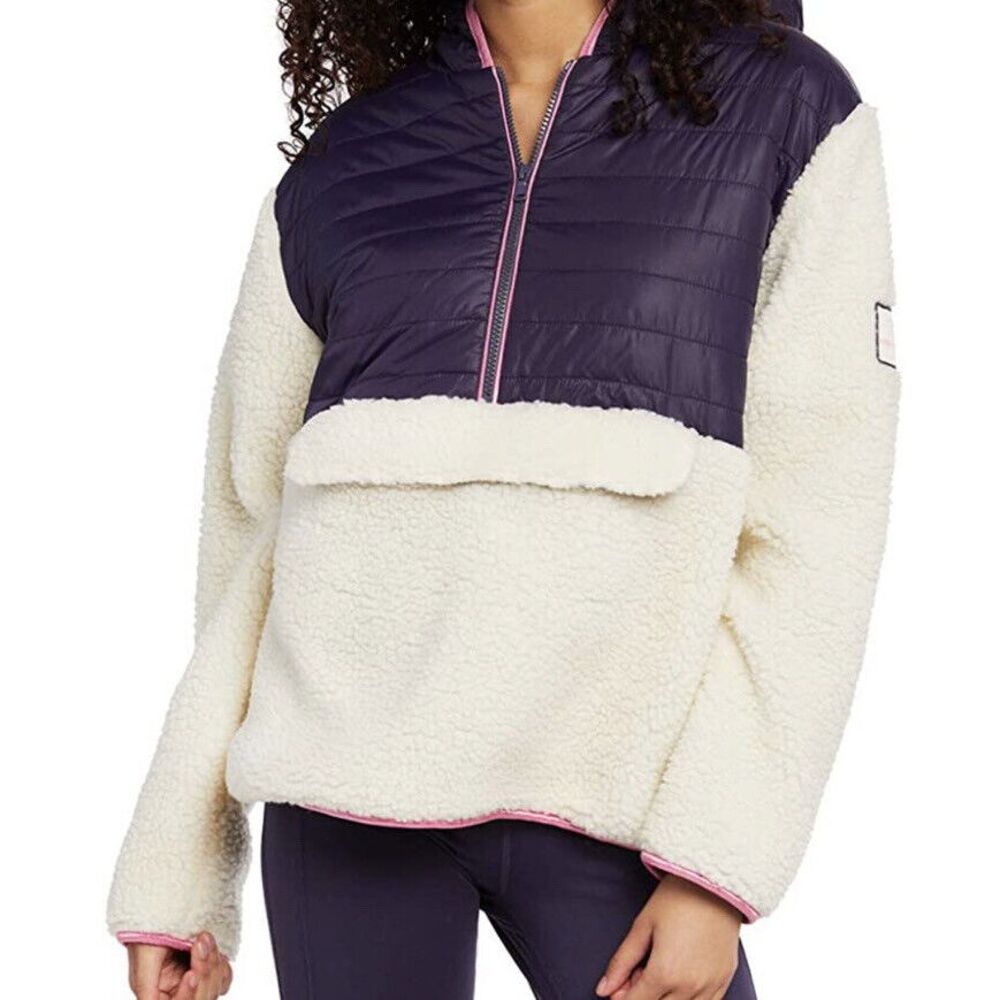 New Ivory Ella Clair Mixed Media Half Zip Hooded Sherpa Jacket Size Small NEW